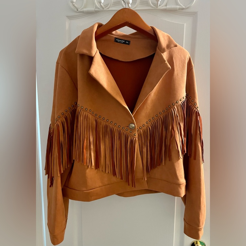 Plus Studded Detail Fringe Trim Lapel Neck Suedette Jacket